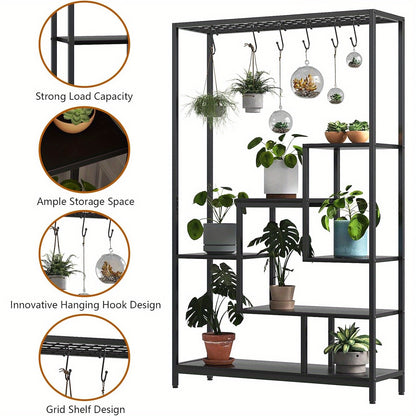 Plantenrek – Plantenstandaard – Bloemenrek – Plantenhouder – Groene Wand – 5-Lagen Met 6 Haakjes – Robuust Metalen Frame Met Houten Planken – 180 cm Hoog Met Stabiele Voet