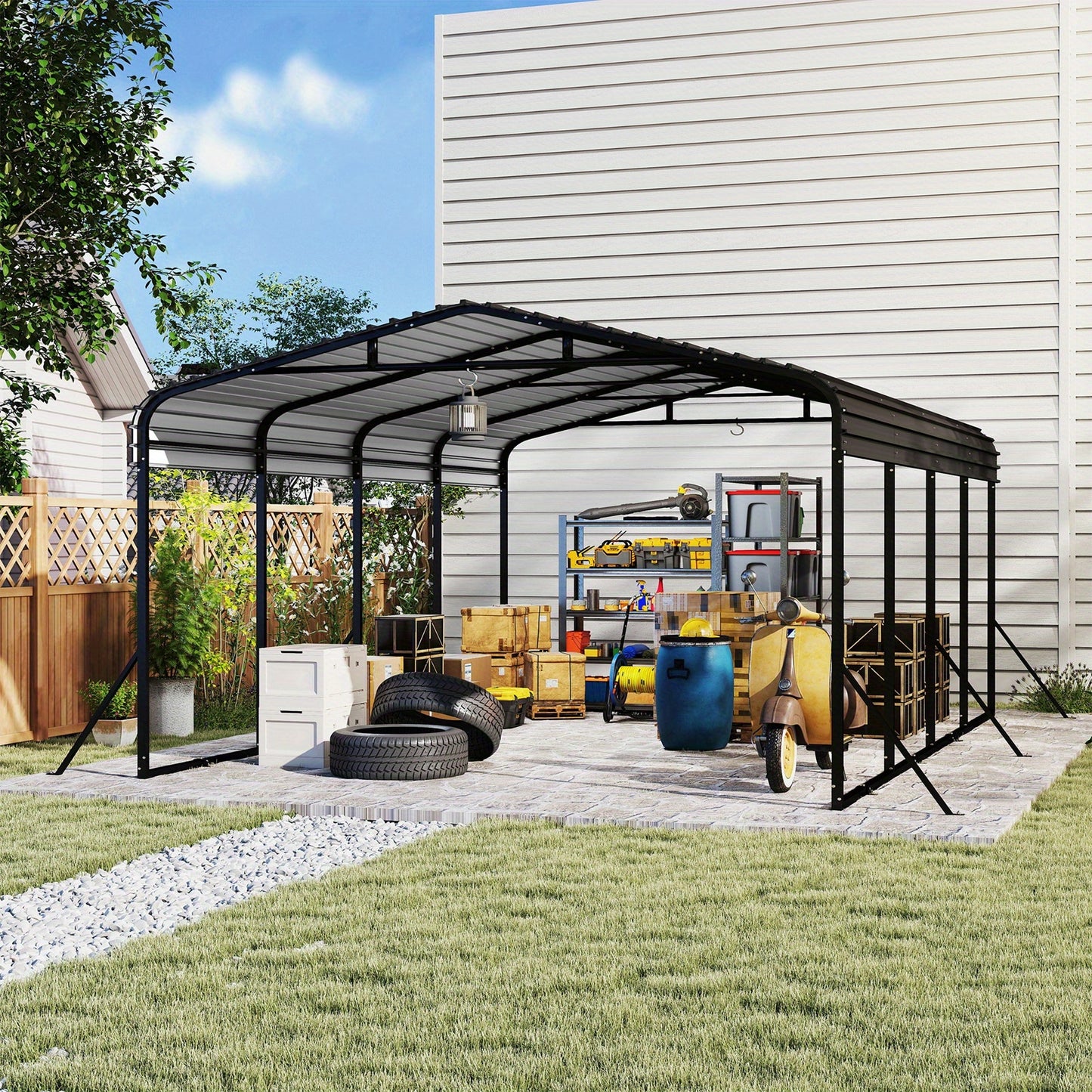 Metalen Carport – Auto Overkapping – Garage Tent – Voertuig Shelter – Parkeerplaats Bescherming – Extra Groot 450x300x250 cm – Stalen Frame – Makkelijk Montage