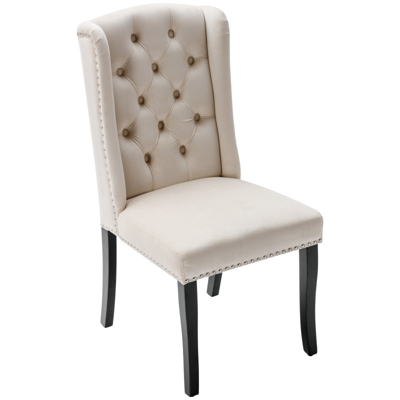 Eetkamerstoel – Dining Stoel – Kuipstoel – Keukenstoel – Fauteuil – Velvet Bekleding – Eikenhouten Poten met Chroom – Nailhead Details – Beige – Set van 2
