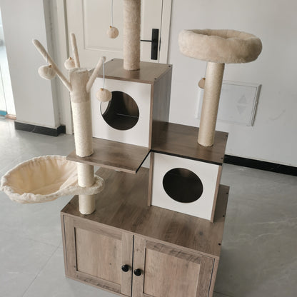 Kattenboom – Kattenhuis – Krabpaal – Kattenmeubel – Klimpaal – Verborgen Kattenbak – Stevige Houten Constructie – Ruimtebesparend & Modern Grijs