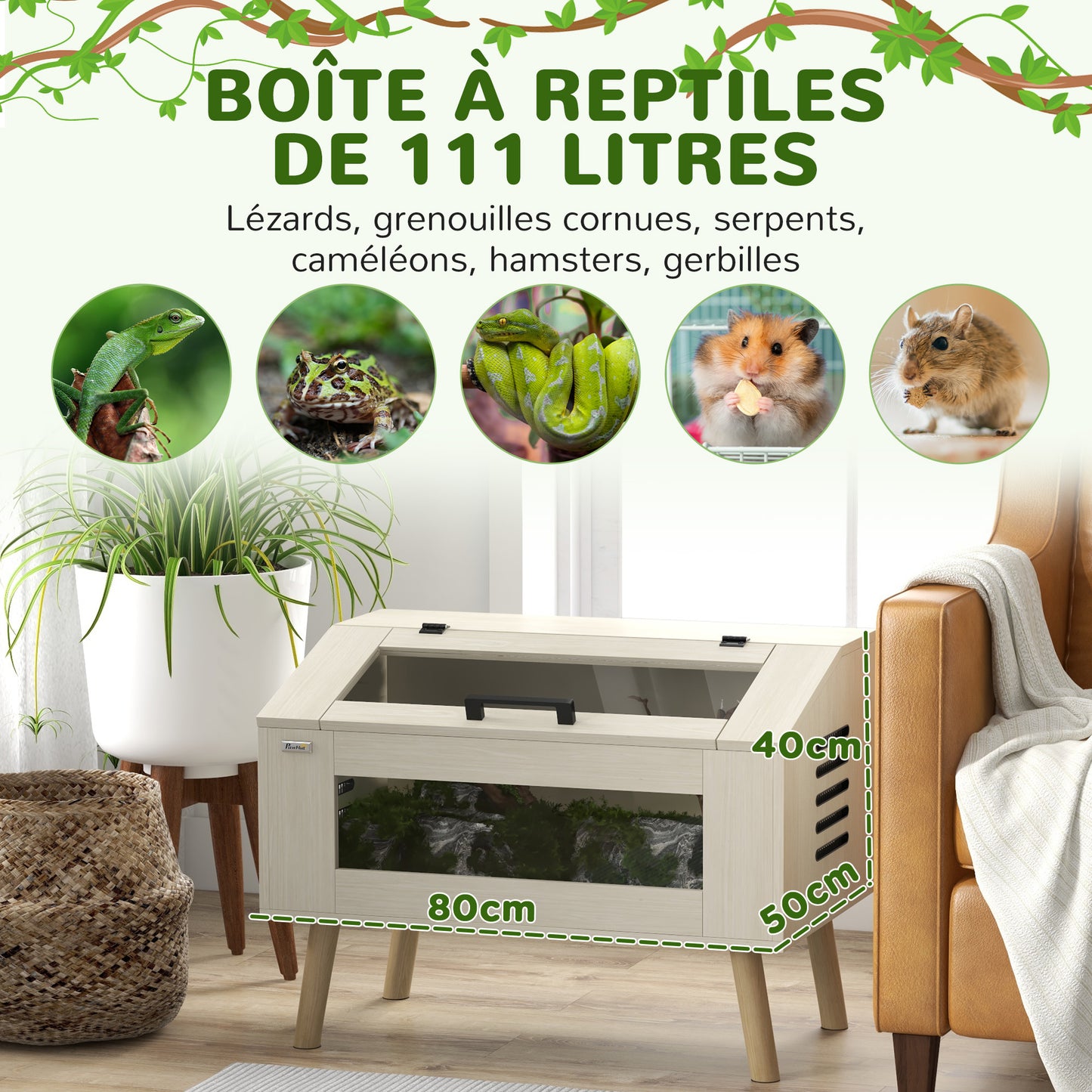Terrarium Reptielenhuisje – Vivarium – Slang Terrarium – Reptielen Terrarium – Hagedis Terrarium – Natuurlijk Hout – 111 Liter – Zijventilatie met Veiligheidsglas
