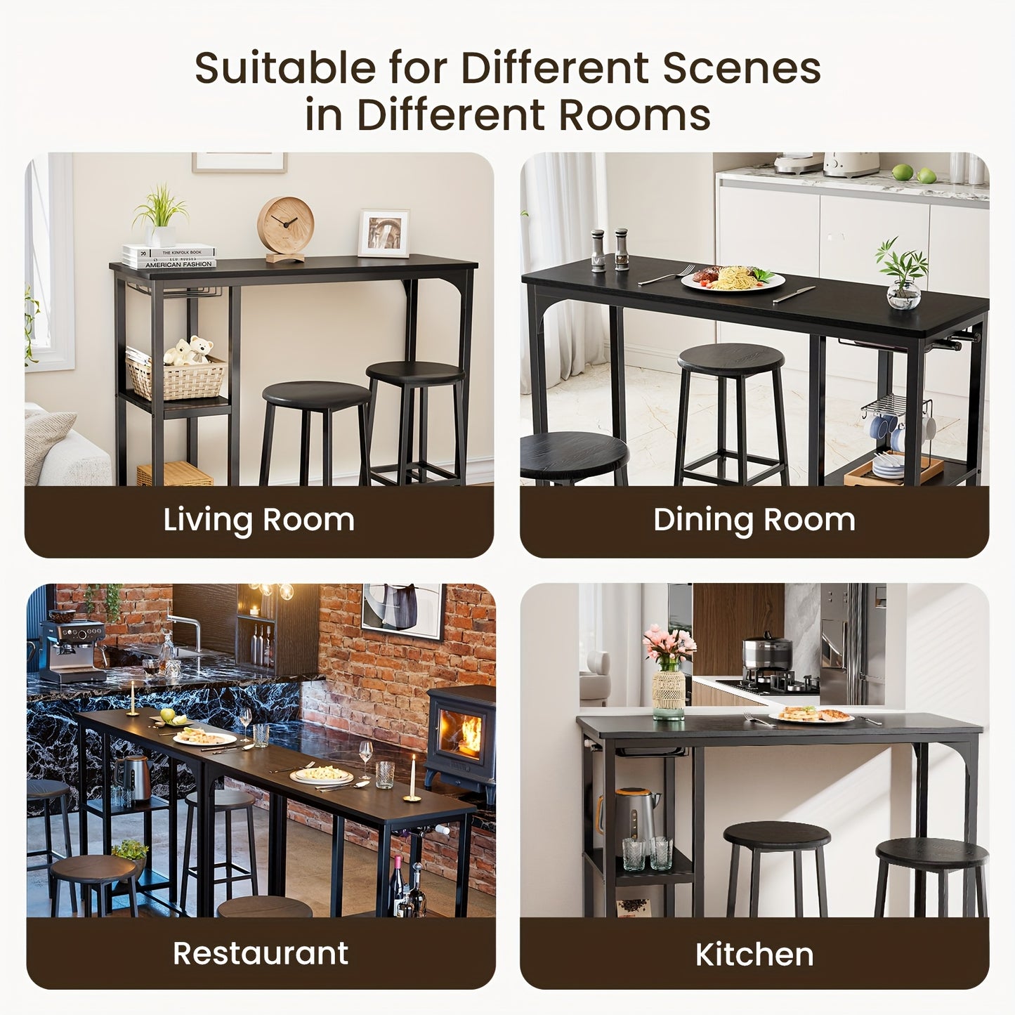 Barset – Barkrukken – Bartafel – Barmeubel – Bistroset – Industrieel Design – Houten Tafelblad – Zwart Gietijzeren Frame