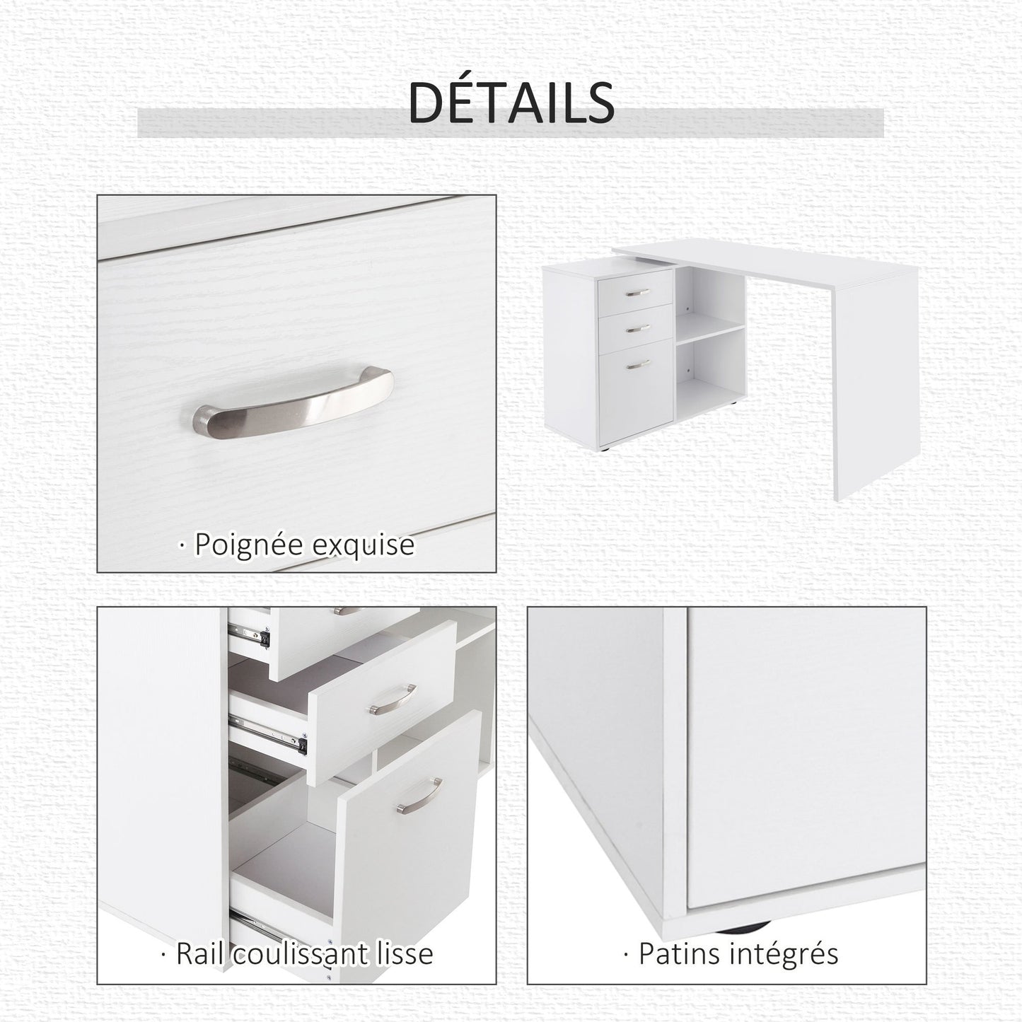 Hoekbureau – Computerbureau – Bureautafel – Modulair Bureau – Eettafel – MDF Wit – 2 Configuraties – 3 Lades & 2 Open Vakken