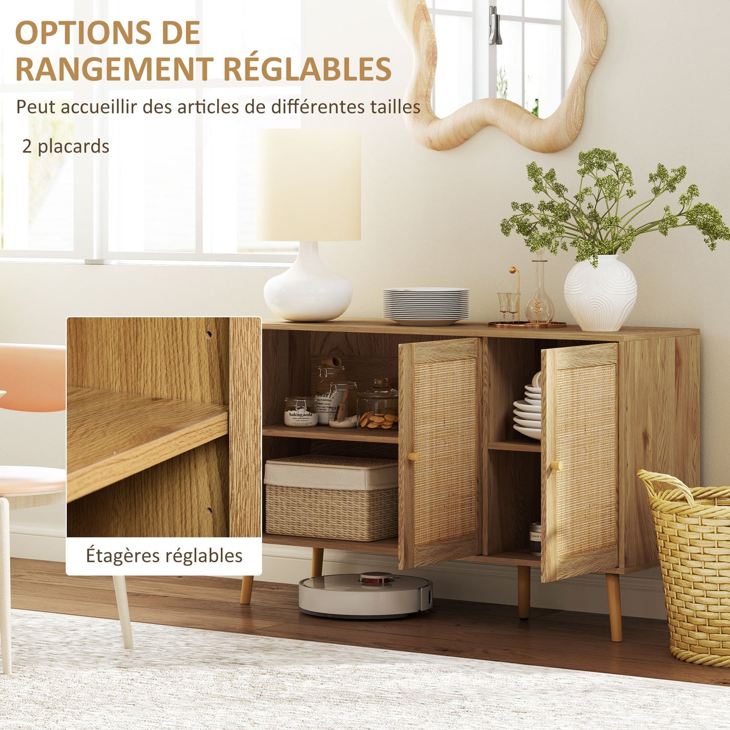 Buffet – Dressoir – Opbergkast – Ladekast – Wandmeubel – Natuurlijk Hout – Rotan Deuren – Verstelbare Planken – 120x40x75 cm