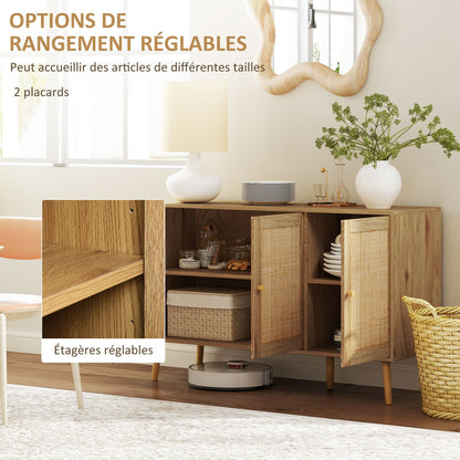 Buffet – Dressoir – Opbergkast – Ladekast – Wandmeubel – Natuurlijk Hout – Rotan Deuren – Verstelbare Planken – 120x40x75 cm