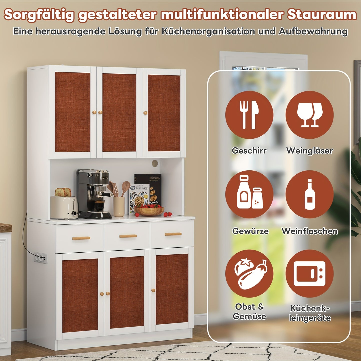 Keukenkast – Keukenopberger – Keukenmeubel – Opbergkast – Buffetkast – Vrijstaand – 182 cm Hoog – Wit Met Houten Handgrepen
