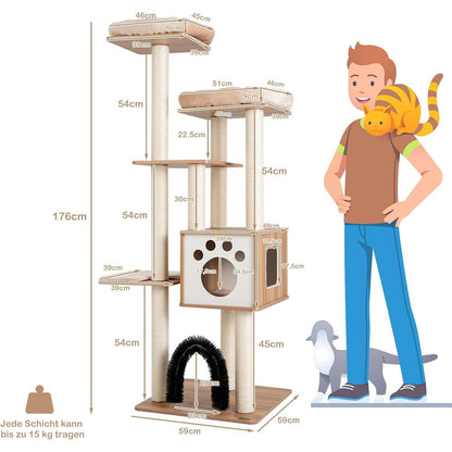Krabpaal – Kattenboom – Kattenhuis – Krabmeubel – Kattentoren – 176 cm Hoog – Stevig Hout Met Zachte Kussens En Kattenhol