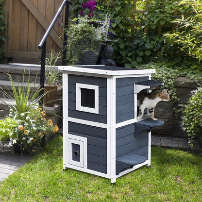 Houten Kattenhuis – Kattenhuisje – Kattenverblijf – Kattenhok – Kattencondo – 2-Delig Met Inklapbaar Dak – Weerbestendig Voor Binnen En Buiten – Grijs Wit – 51x51x81,3 cm