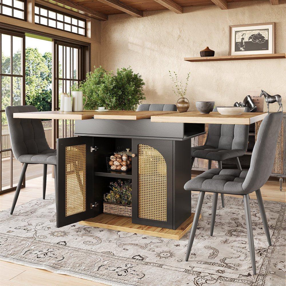 Telescopic Dining Table (110-140×80cm), Foldable Kitchen & Living Room Extendible Space-Saving 4-6 Seater with PE Rattan Cabinet Doors, Small Round Dining Table, Table for Dining Room, Spacesaving Furniture, Contemporary Des