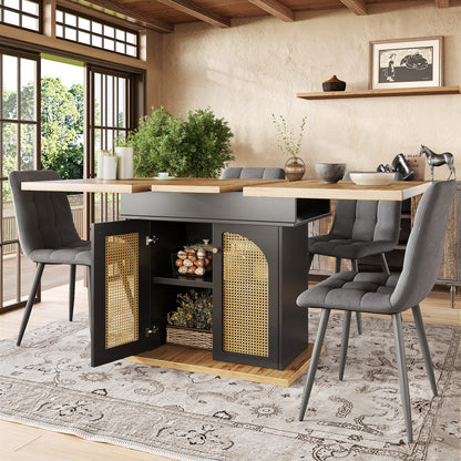 Telescopic Dining Table (110-140×80cm), Foldable Kitchen & Living Room Extendible Space-Saving 4-6 Seater with PE Rattan Cabinet Doors, Small Round Dining Table, Table for Dining Room, Spacesaving Furniture, Contemporary Des