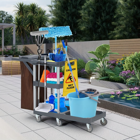 Schoonmaakwagen – Schoonmaakkar – Reinigingswagen – Poetskar – Dweilkar – 3 Opbergplanken – Aluminium Frame – 99,79 kg Draagvermogen – 4 Zwenkwielen