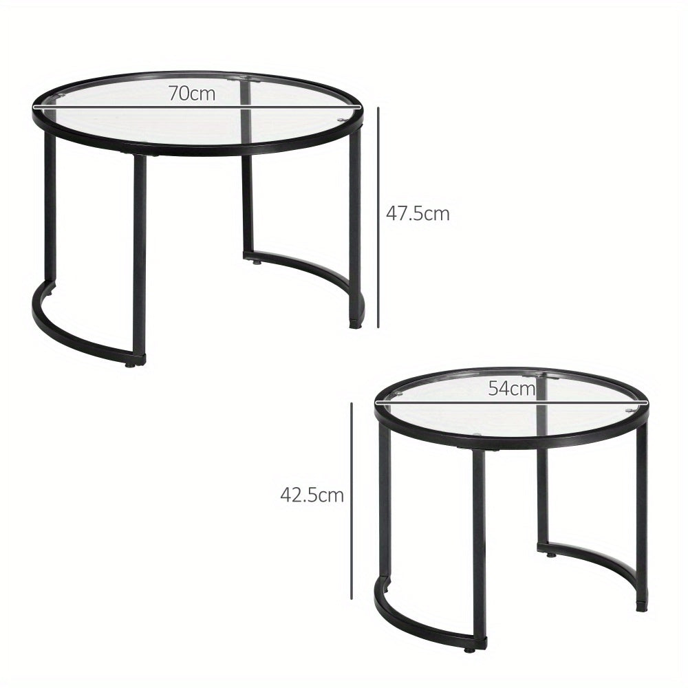 Salontafel – Koffietafel – Bijzettafel – Lounge Tafel – Nestbare Tafel – Zwart Staal Frame – Tempered Glasblad – Set van 2