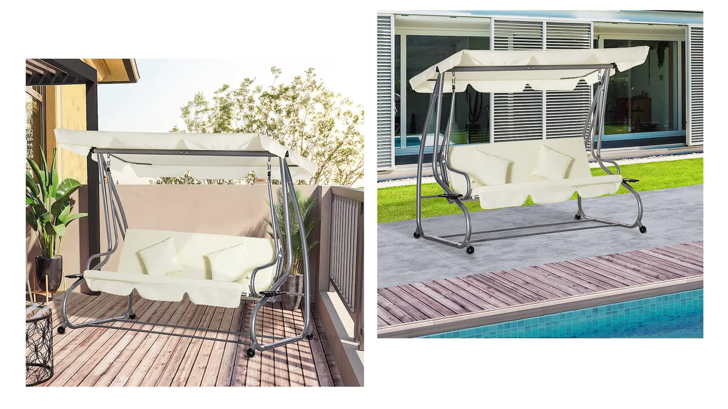 Tuinbank Schommelbank Balkonbank Buitenbank Tuinmeubel – 3-Zits – Gepoedercoat Staal – Verstelbaar Polyester Dak – Inclusief Zijtafels met Bekerhouders – 200x120x164 cm – Beige