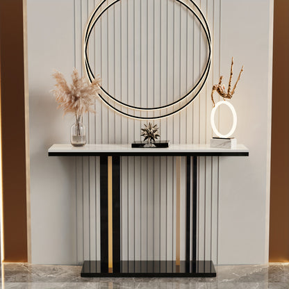 Sidetable – Consoletafel – Wandtafel – Haltafel – Bijzettafel – Krasbestendig Gesinterd Steen Blad – Zwart Gouden Metaalframe