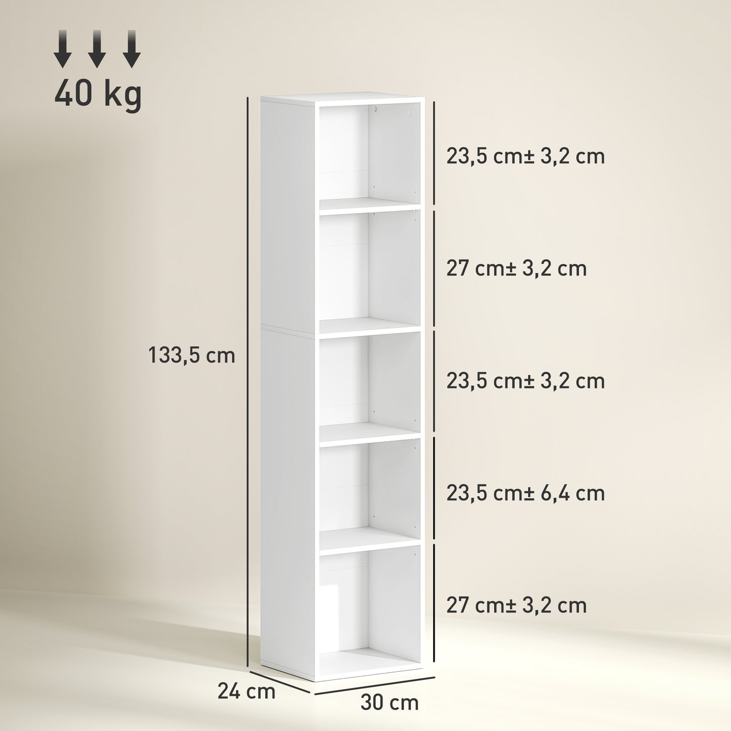 Boekenkast – Boekplank – Opbergkast – Wandrek – Stellingkast – Wit Houten Design – 5 Verstelbare Planken – Compact Hoogte 133,5 cm