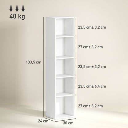 Boekenkast – Boekplank – Opbergkast – Wandrek – Stellingkast – Wit Houten Design – 5 Verstelbare Planken – Compact Hoogte 133,5 cm