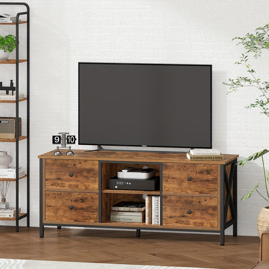 TV Meubel – Tv Kast – Tv Stand – Tv Rek – Tv Unit – Vintage Bruin-Zwart – 4 Lades & 2 Open Vakken – Geschikt Voor Tv’s Tot 55 Inch – Industrieel Stalen Frame