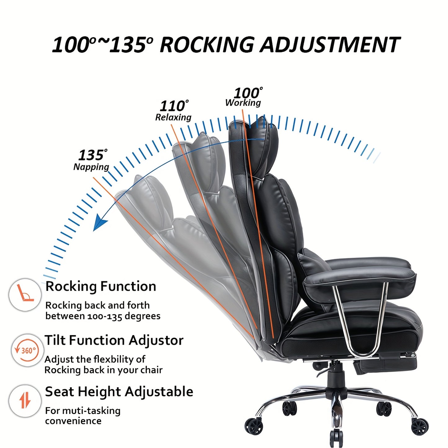 Bureaustoel – Office Chair – Desk Chair – Gaming Stoel – Werkstoel – Zwart – Draagkracht 400 kg – Verstelbare Rugleuning en Voetensteun
