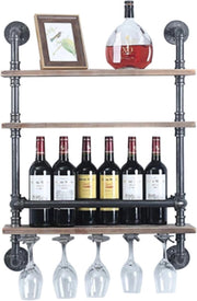 Wandplank - Wijnrek - Wijnglazen Houder - 3 Planken - Industrieel - Hout - 100x60x20 cm - Woonkamer - Keuken - Slaapkamer - Wandrek - Muur