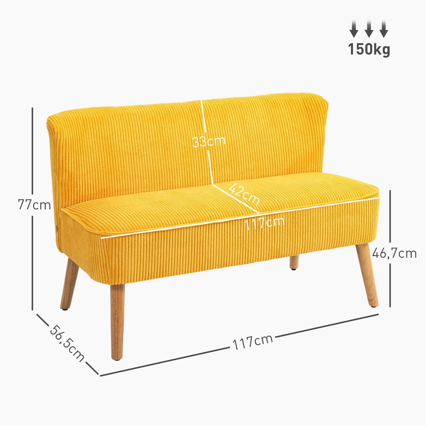 2-zits bank – tweezitsbank – loveseat – zitbank – sofa – Scandinavisch design – massief houten frame – draagkracht 150 kg – afmeting 117x56,5x77 cm – gele kleur