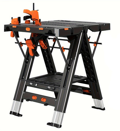 2-in-1 Folding Workbench, Waterproof Portable Folding Work Table, 78.74cm W X 63.5cm D X 81.28cm H Workbench, Height-Adjustable Work Table With 4 Woodworking Clamps, 4 Connecting Blocks, 2 Limit Blocks