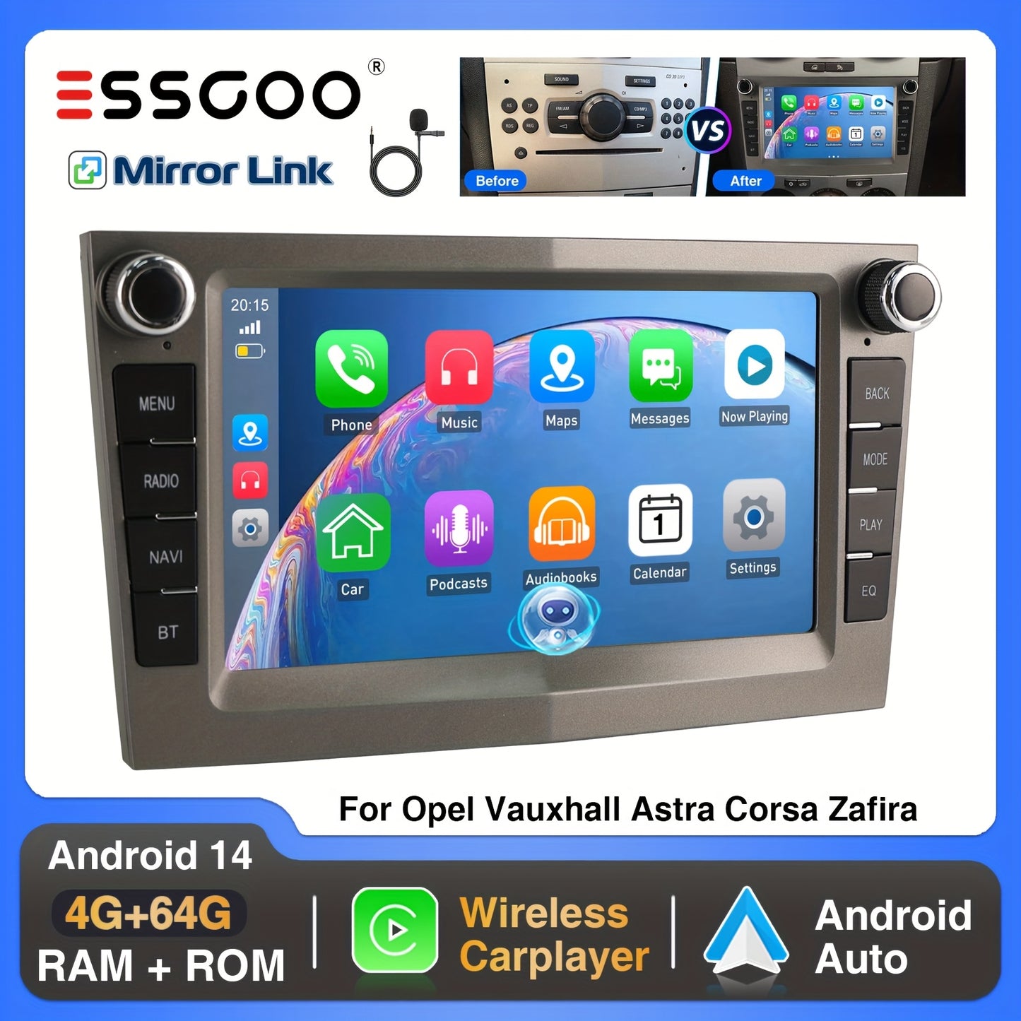 Autoradio – 2DIN Radio – Auto Stereo – Multimedia Speler – Touchscreen – 17,78 cm – Android 14 – Draadloos CarPlay & Android Auto