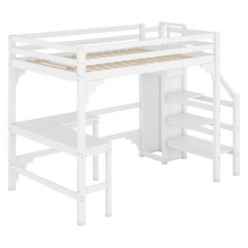 Hoogslaper – Halfhoogslaper – Stapelbed – Bedbank – Multifunctioneel Bed – 140x200 cm – Wit Metalen Frame – Met Bureau en Kledingrek – Ruimtebesparend Design