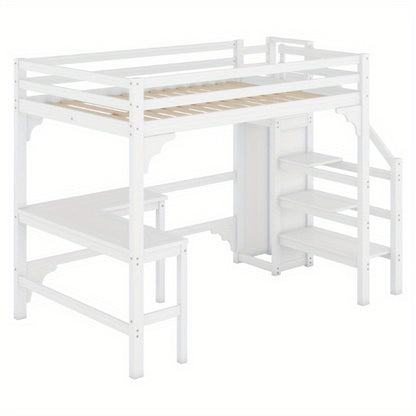 Hoogslaper – Halfhoogslaper – Stapelbed – Bedbank – Multifunctioneel Bed – 140x200 cm – Wit Metalen Frame – Met Bureau en Kledingrek – Ruimtebesparend Design