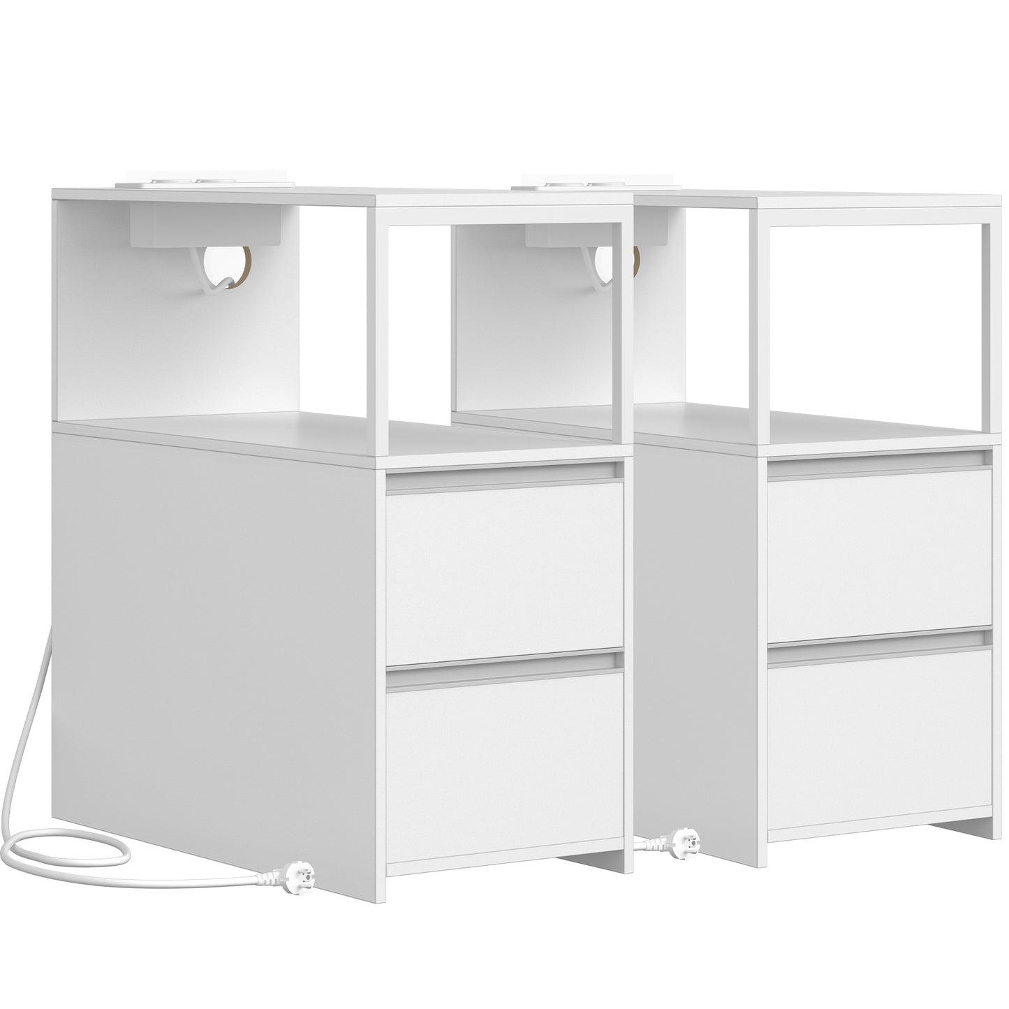 Kleine Bijzettafels – Nachtkastje – Salontafel – Opbergmeubel – Smalle Tafels – Set van 2 Wit – Compact en Ruimtebesparend – Met 2 Lades en Open Vak