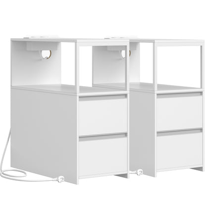 Kleine Bijzettafels – Nachtkastje – Salontafel – Opbergmeubel – Smalle Tafels – Set van 2 Wit – Compact en Ruimtebesparend – Met 2 Lades en Open Vak