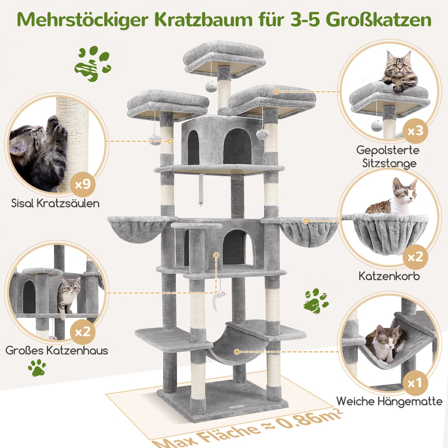 Krabpaal – Krabmeubel – Kattenmeubel – Klimpaal – Hangmatpaal – Donkergrijs – 183 cm Hoog – 6 Krabpalen & Hangmat – Geschikt Voor Grote Katten >9 kg