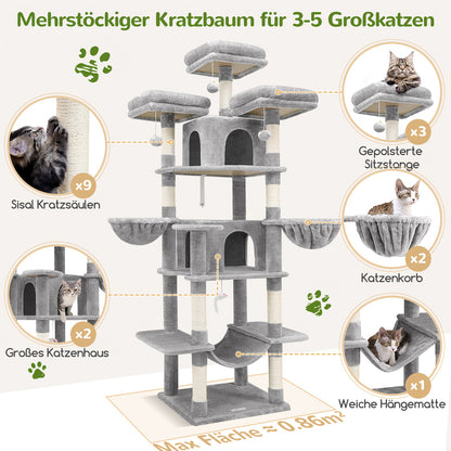 Krabpaal – Krabmeubel – Kattenmeubel – Klimpaal – Hangmatpaal – Donkergrijs – 183 cm Hoog – 6 Krabpalen & Hangmat – Geschikt Voor Grote Katten >9 kg