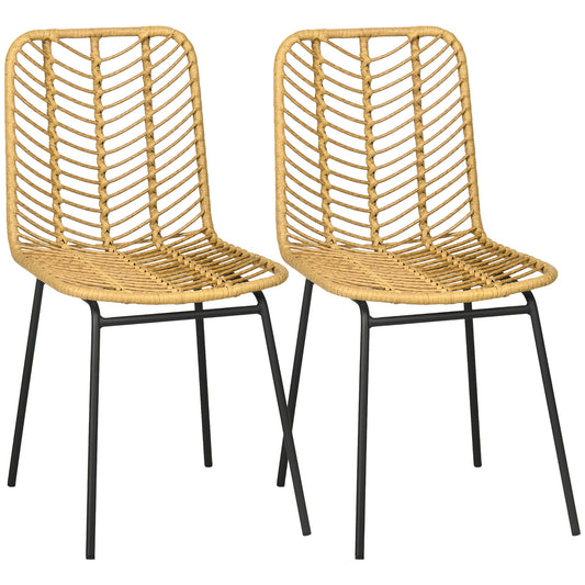 2-Piece Boho-Style Dining Chairs, Accent Chair, PE Rattan, 44 cm x 58 cm x 85 cm, Natural + Yellow