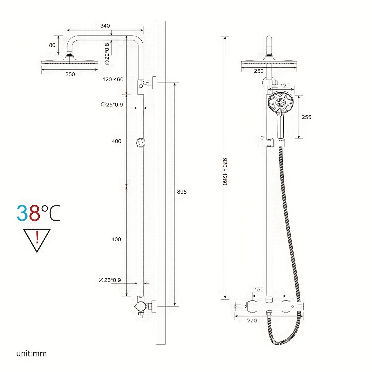 Douchekolom – Douchepaneel – Douchewand – Regendouche – Thermostaatkraan – Verstelbare Hoogte 92-126 cm – 25 cm Ronde Regendouche