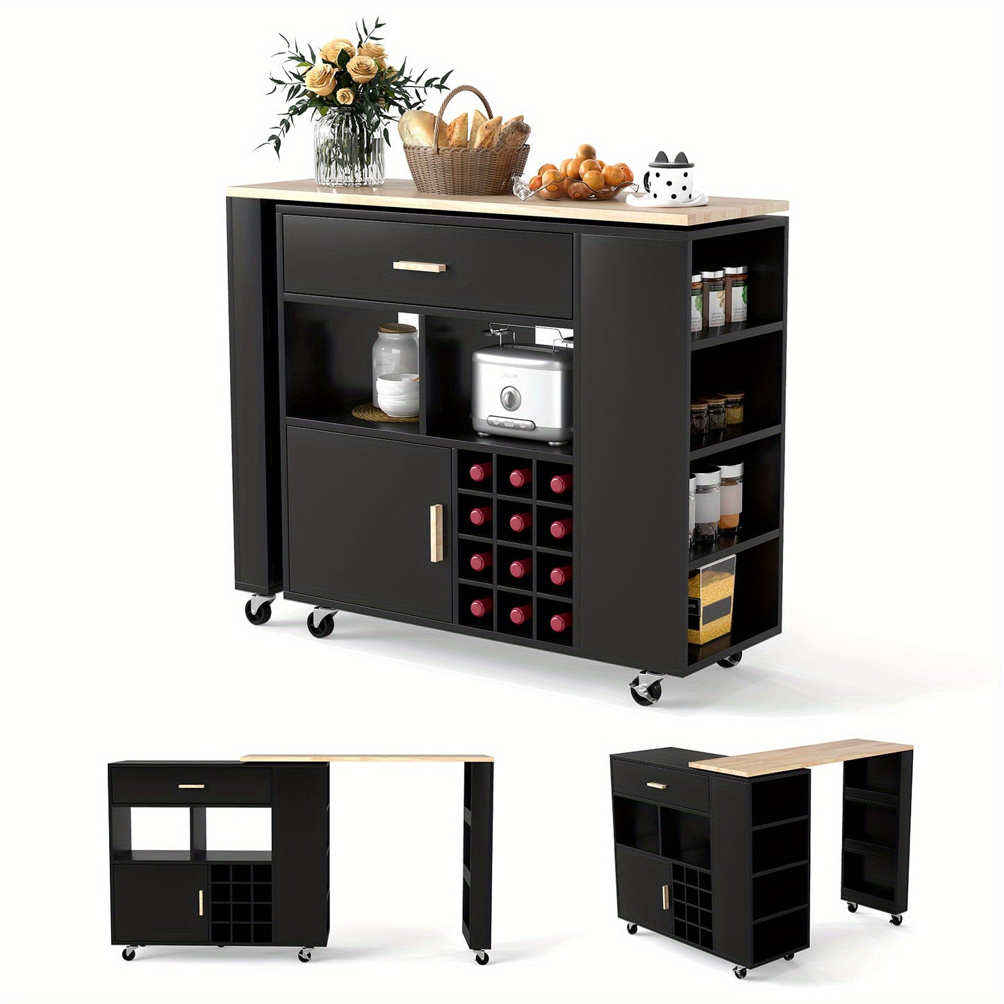 Keukenwagen – Keukeneiland – Serveerwagen – Opbergkast – Bartafel – Mobiel Met Vergrendelbare Wielen – 2-in-1 Draaibaar Werkblad – MDF En Rubberwood Uitvoering – Wit