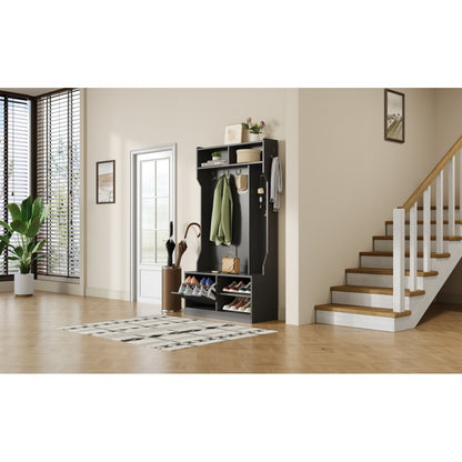 Kapstok – Garderoberek – Wandkapstok – Garderobe – Staande Kapstok – Compleet Garderobekast Met Bankje – 6 Haken – 100x185,5x40 cm – Zwart – Hoogwaardig Spaanplaat