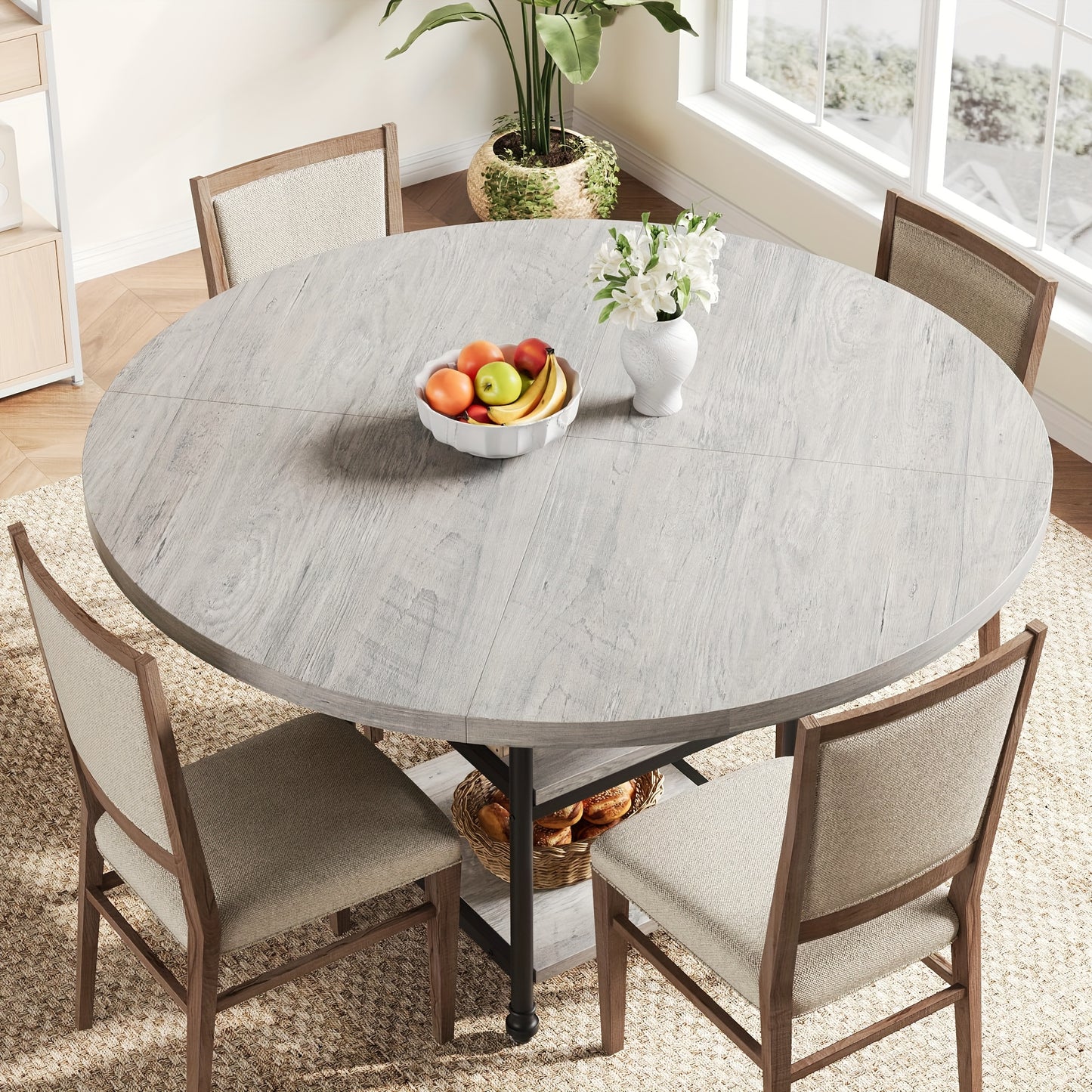 Eettafel Rond – Ronde Keukentafel – Eetkamertafel – Ronde Tafel – Eethoek – 4 Persoons – 3 Opbergplanken – 4,06 cm Dik Houten Blad Met Metalen Poten – Compact Modern Grijs Design
