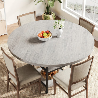 Eettafel Rond – Ronde Keukentafel – Eetkamertafel – Ronde Tafel – Eethoek – 4 Persoons – 3 Opbergplanken – 4,06 cm Dik Houten Blad Met Metalen Poten – Compact Modern Grijs Design