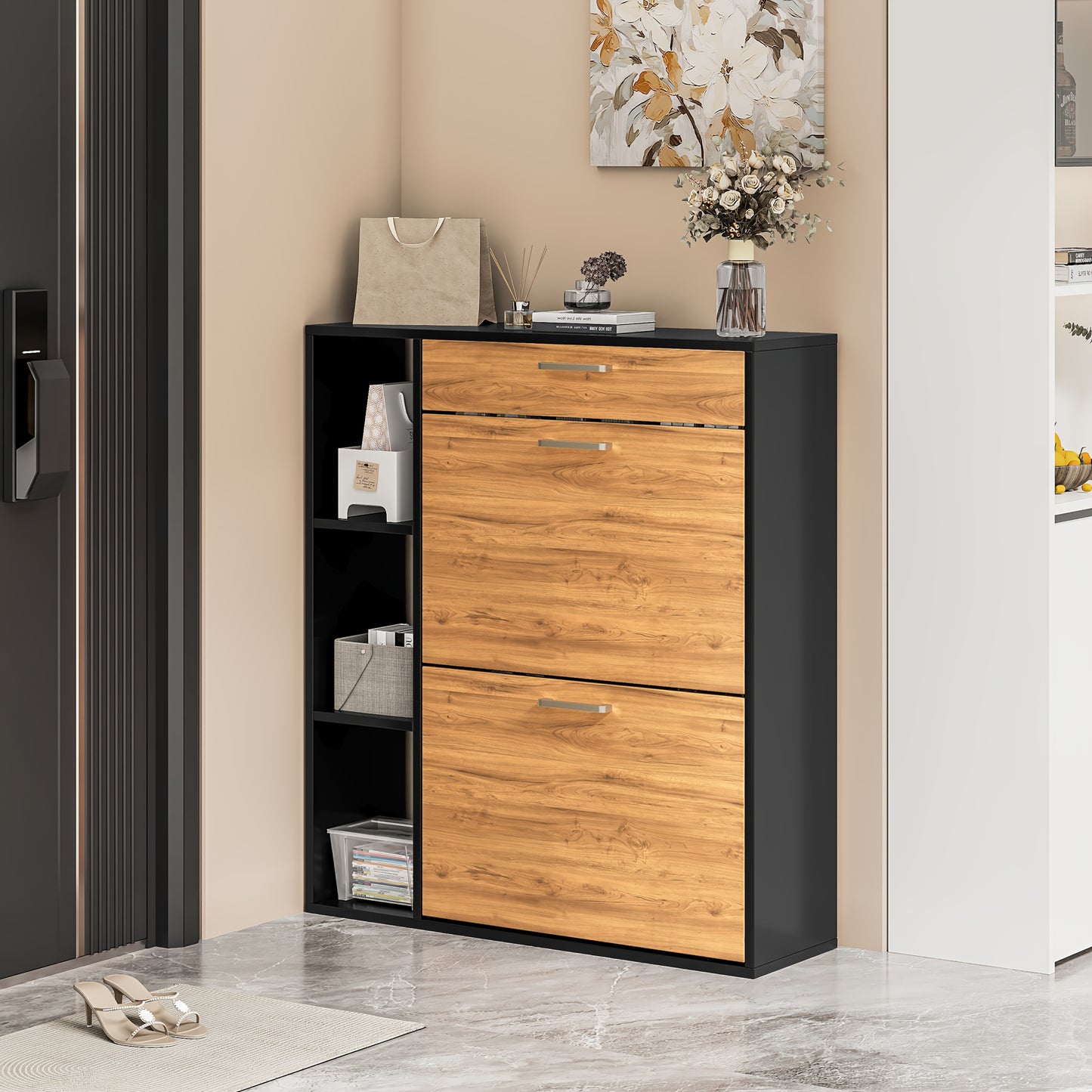 Houten Schoenenkastje – Schoenopberger – Schoenenrek – Schoenentoren – Schoenendisplay – Zwart – 2 Klapladen – Geschikt Voor 12-15 Paar Schoenen
