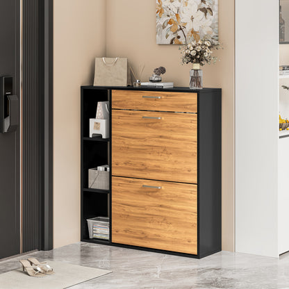 Houten Schoenenkastje – Schoenopberger – Schoenenrek – Schoenentoren – Schoenendisplay – Zwart – 2 Klapladen – Geschikt Voor 12-15 Paar Schoenen