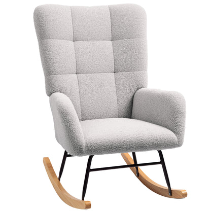 Schommelstoel – Schommelfauteuil – Relaxstoel – Loungestoel – Fauteuil – Lichtgrijs – Zachte Teddy Stof – Houten Schommelingen