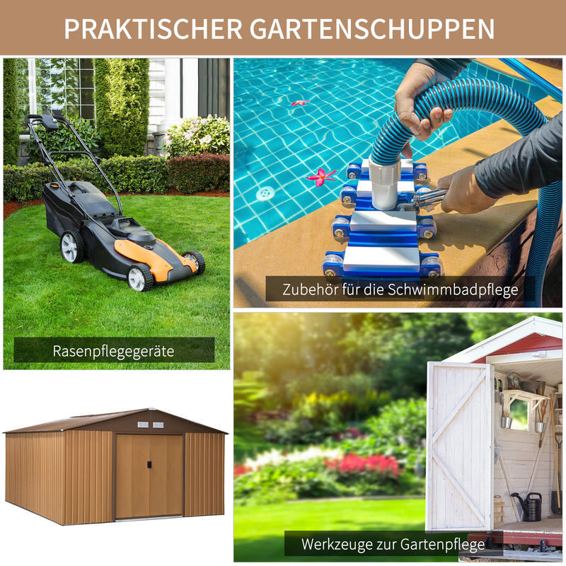 Steel Tool Shed 20m³ Garden Storage Shed Bike Shed Brown 340 x 386 x 200cm, Temporary and Removable, Backyard Organization, Outdoor Storage, Compact Design, Durable Shelter, Rustproof Housing, Metal Shed, Storage Solution, O