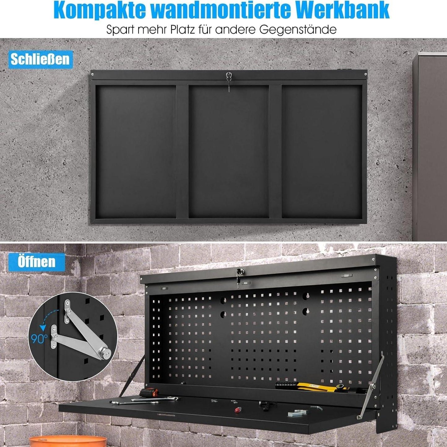 Inklapbare Werkbank – Werktafel – Opbergkast – Pegboard – Garagekast – Muurbevestigd – Vergrendelbaar Met Sleutel – Staal En 50 Kg Draagvermogen