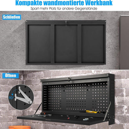 Inklapbare Werkbank – Werktafel – Opbergkast – Pegboard – Garagekast – Muurbevestigd – Vergrendelbaar Met Sleutel – Staal En 50 Kg Draagvermogen