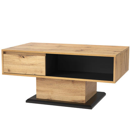 Salontafel – Woonkamertafel – Sofa Tafel – Bijzettafel – Opbergtafel – Eikenlook Melamine – Dubbelzijdige Opbergruimte & Handvatloze Lade – 100x60x47 cm