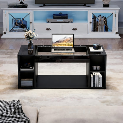 Salontafel glazen – Woonkamertafel koffietafel bijzettafel tafel – Modern design – Gehard glas – Hoogglans zwart – Hol middenstuk – Extra opbergruimte