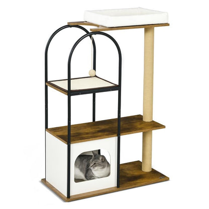 4-in-1 Modern Tree Tower with Sisal Scratching Post, Multi-Level Platforms, Play Ball Run, Spring-Loaded Activity Center, Sturdy Oak Construction & White/Black Design - 80x40x118.5cm Tall Climbing Frame with Hanging Bed, Spac