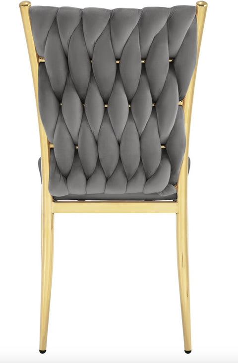 Eetkamerstoel - Set van 2 stoelen - Fluwelen eetkamer stoel - Eetkamerstoelen - Eettafel stoel - Velvet - Fluweel - Gevlochten patroon - Gouden poot - Metaal - Grijs - Goud