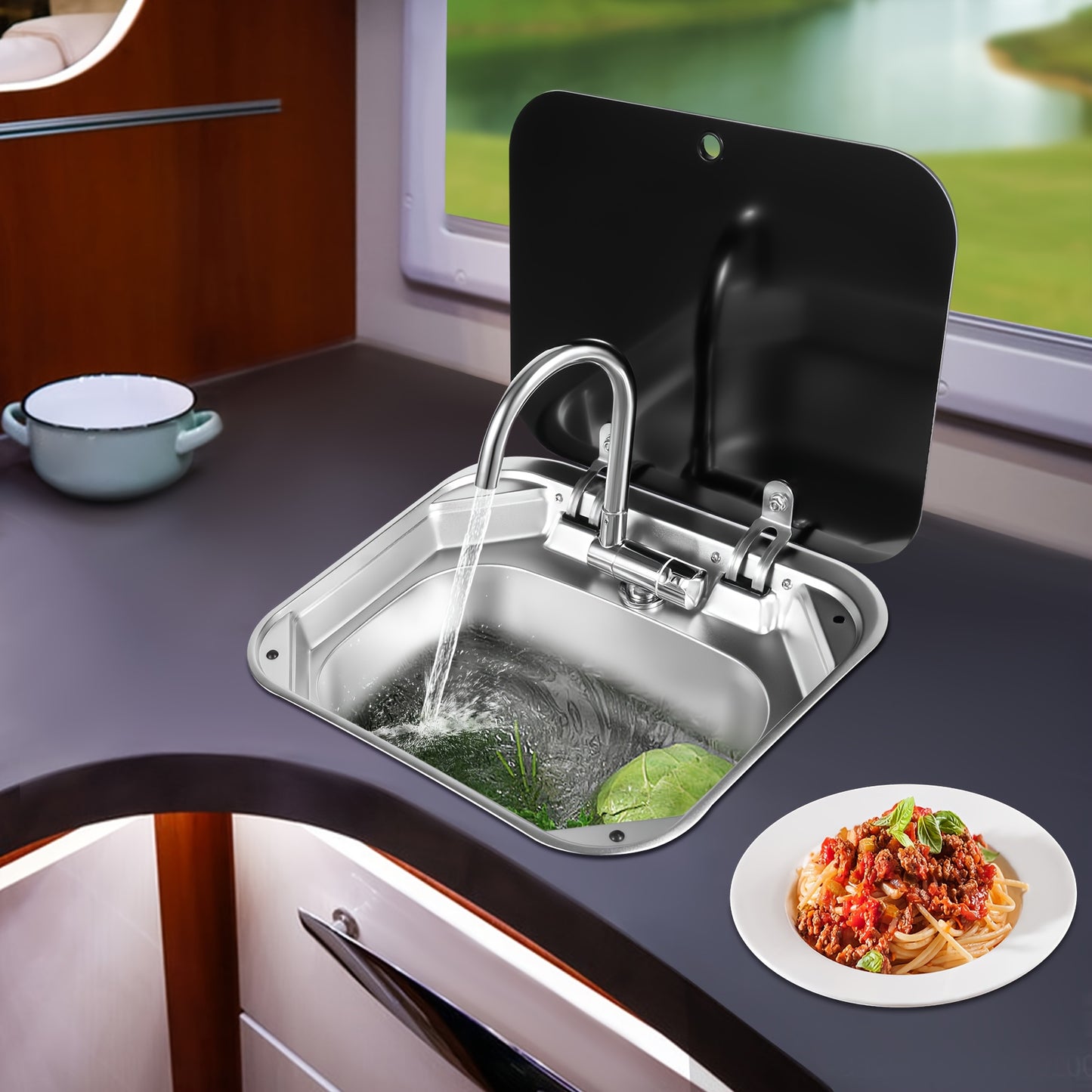 RVS Spoelbak – Inbouwspoelbak – Keukenspoelbak – Vaatwasbak – Spoelbakset – Compact Formaat – Duurzaam 316 RVS – Inklapbare Glasplaat – Inklapbare Kraan