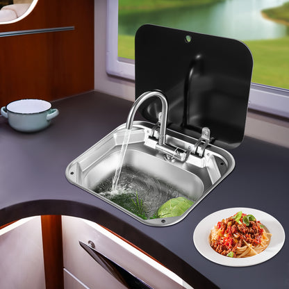 RVS Spoelbak – Inbouwspoelbak – Keukenspoelbak – Vaatwasbak – Spoelbakset – Compact Formaat – Duurzaam 316 RVS – Inklapbare Glasplaat – Inklapbare Kraan